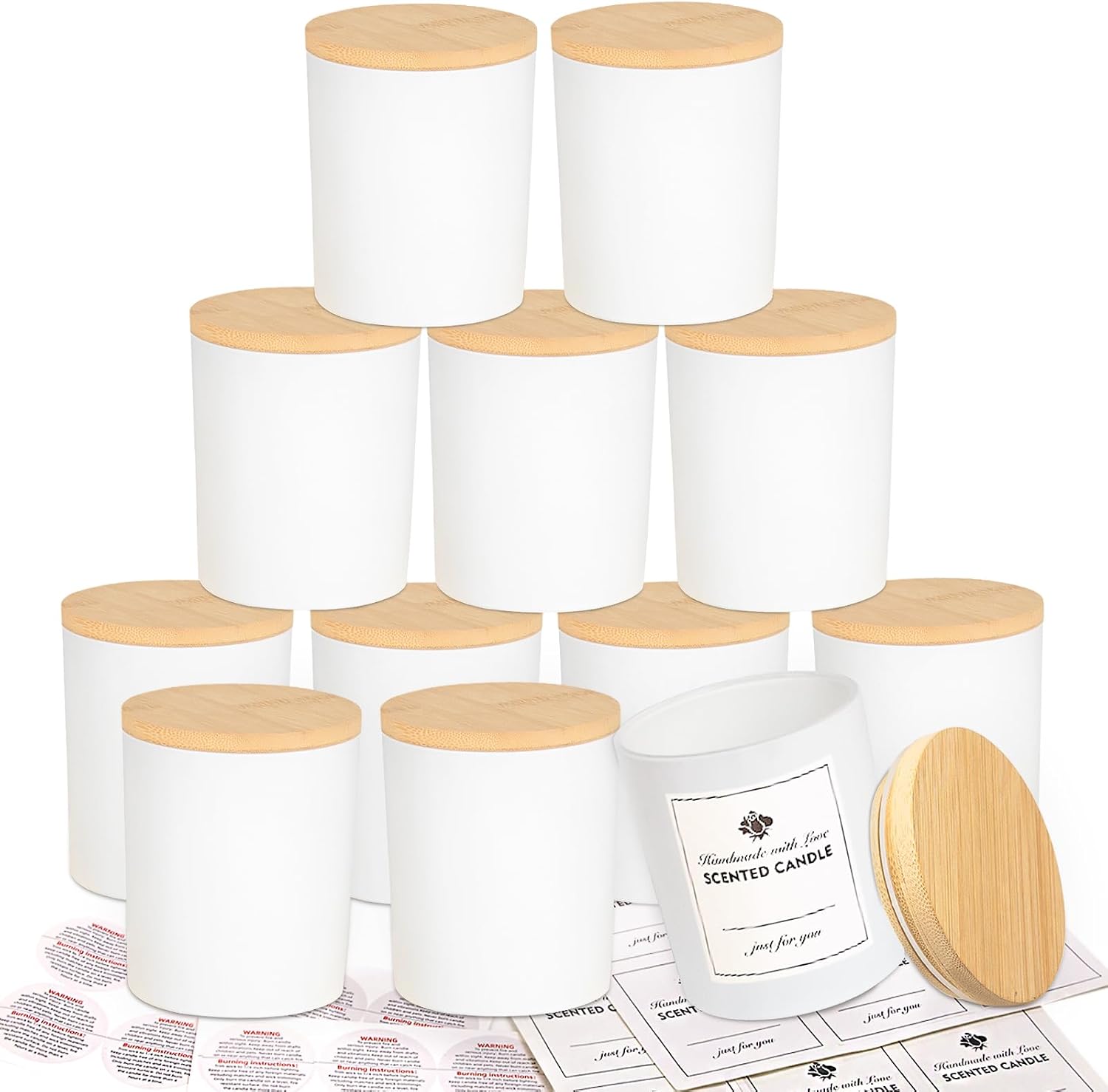 10oz White Glass Candle Jars with Bamboo Lids