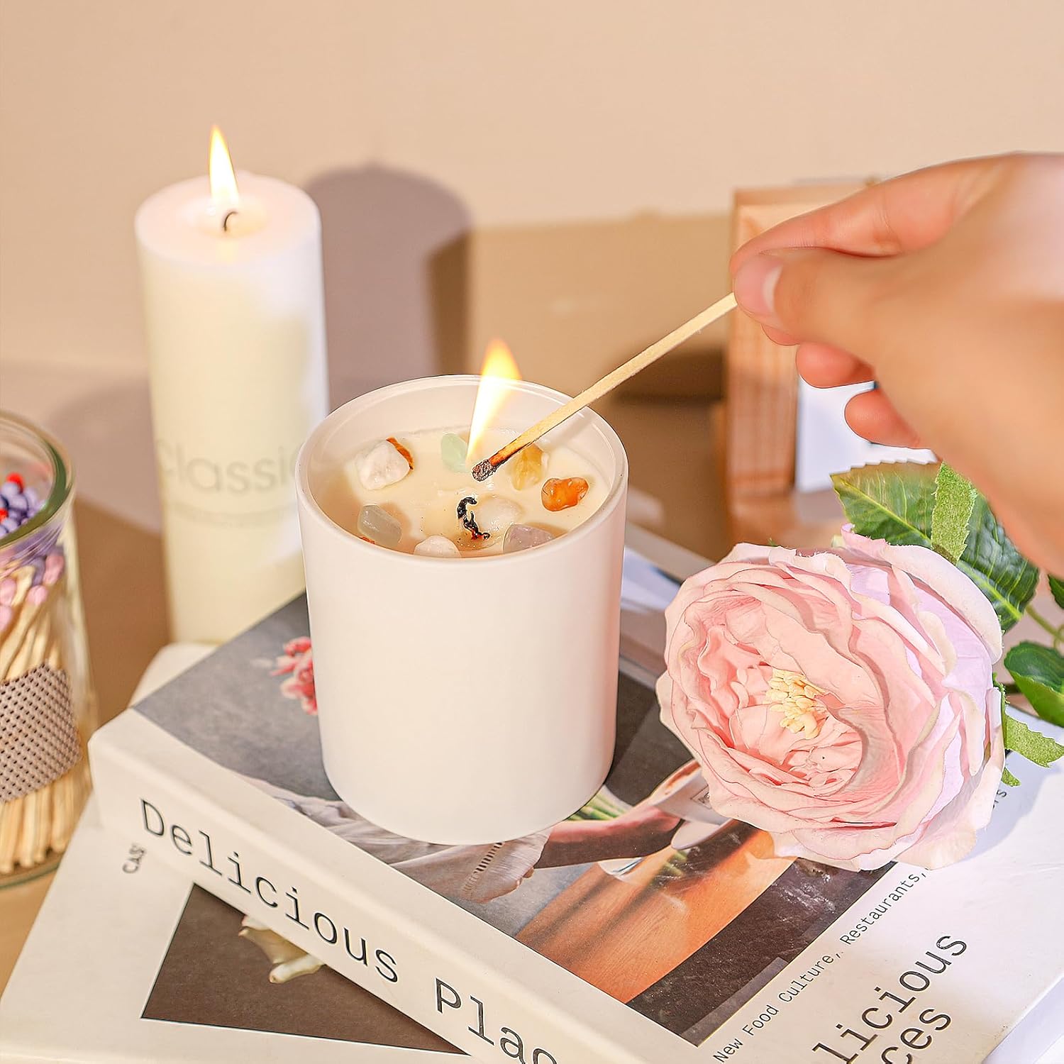 10oz White Glass Candle Jars with Bamboo Lids - Image 5